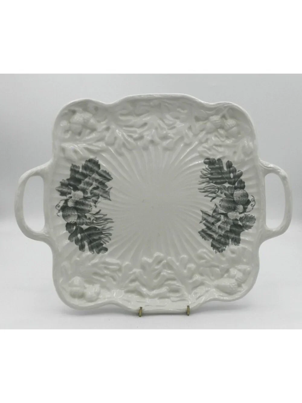 Aradia Square Serving Platter with Handles Portuguese Embossed Ceramic Acorns